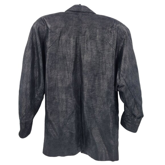 Vtg 80s Genuine Leather Jacket Sz L Black Oil Slick Textured Batwing Oversized - Picture 9 of 12